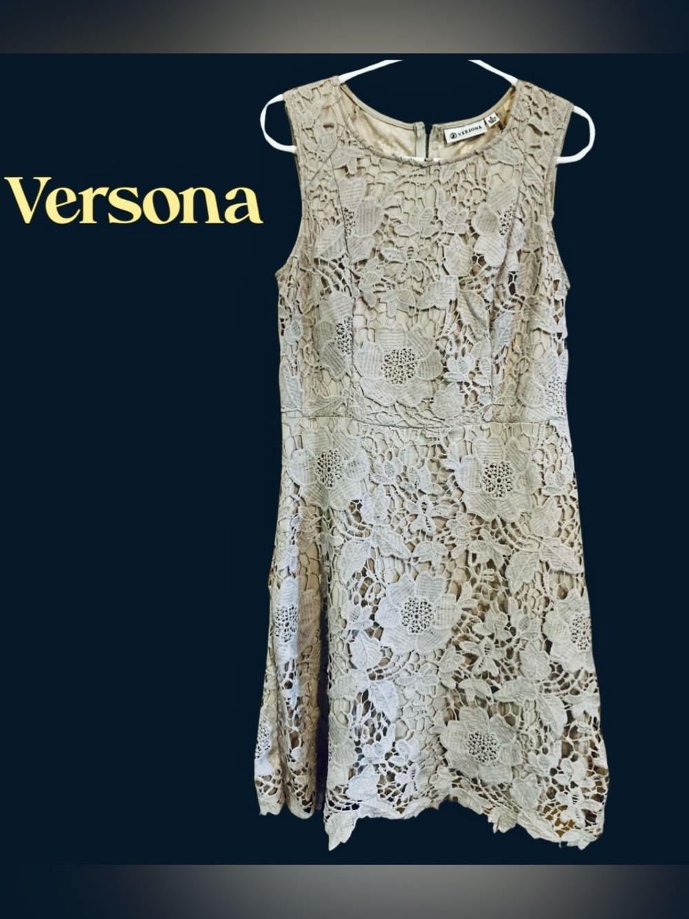 Dress Crocheted Versona Tan LINED Zippered Back Roses Cottagecore THICK FABRIC